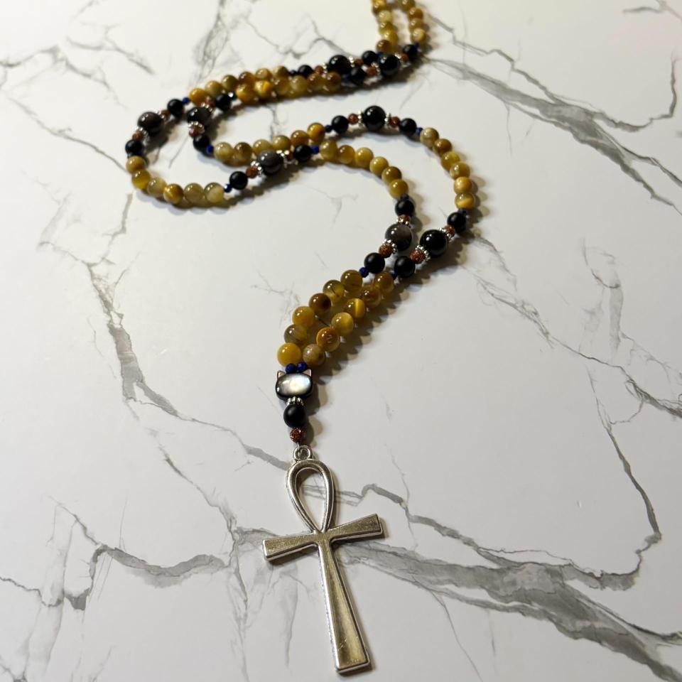 Tiger Eye and Obsidian Bastet Prayer Beads
