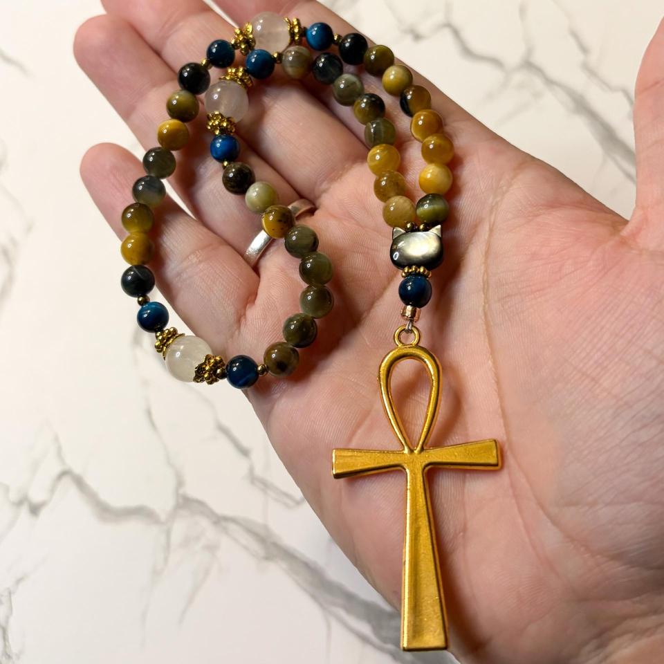 Tiger Eye and Moonstone Bastet Pocket Prayer Beads