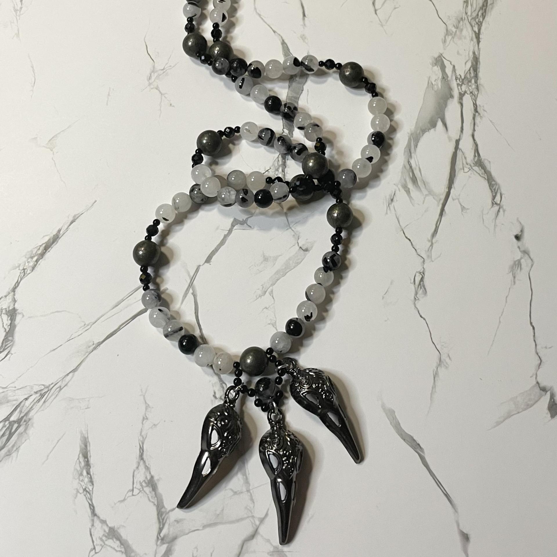 Black Tourmaline Rutilated Quartz and Pyrite Morrígna Prayer Beads