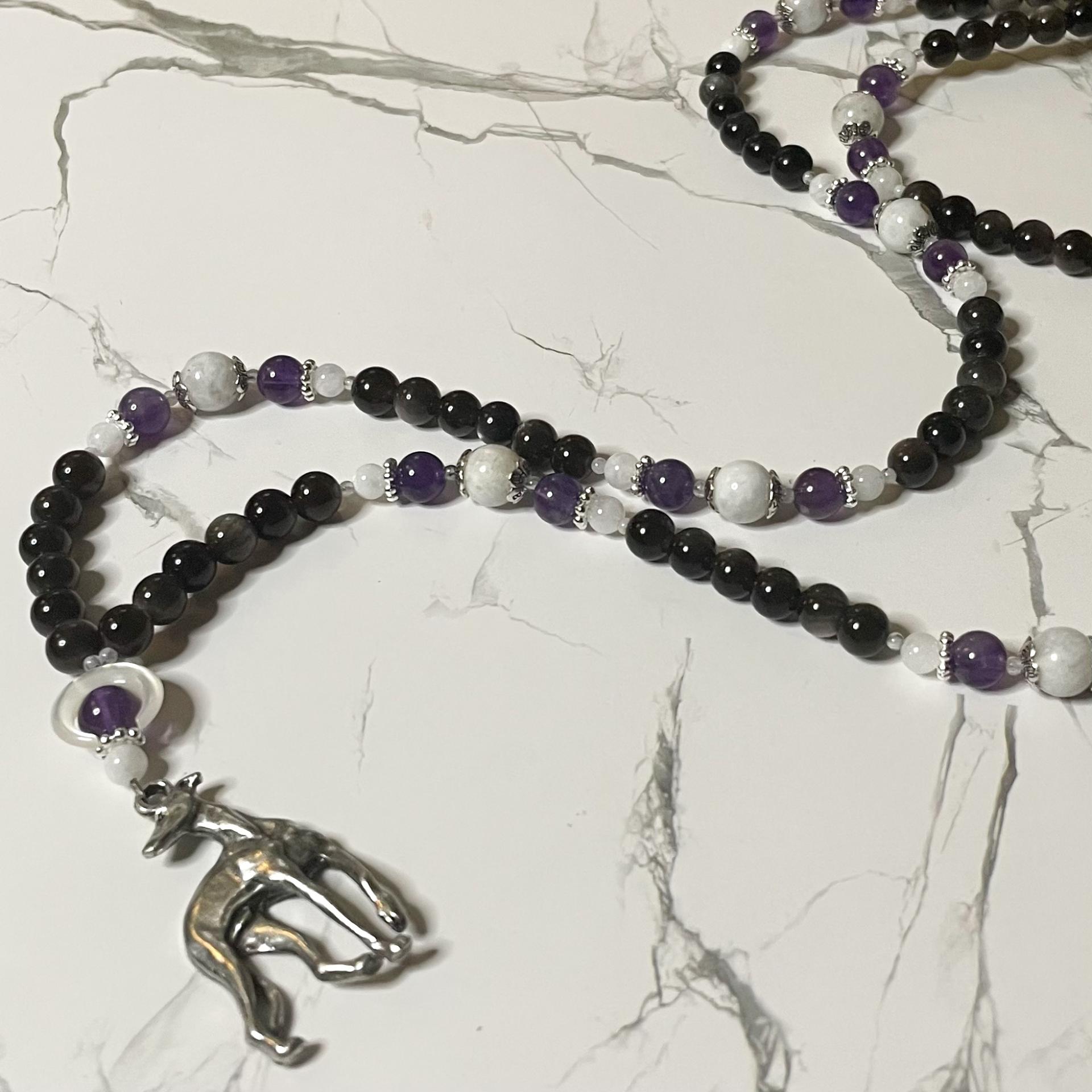 Obsidian and Moonstone Cerridwen Prayer Beads