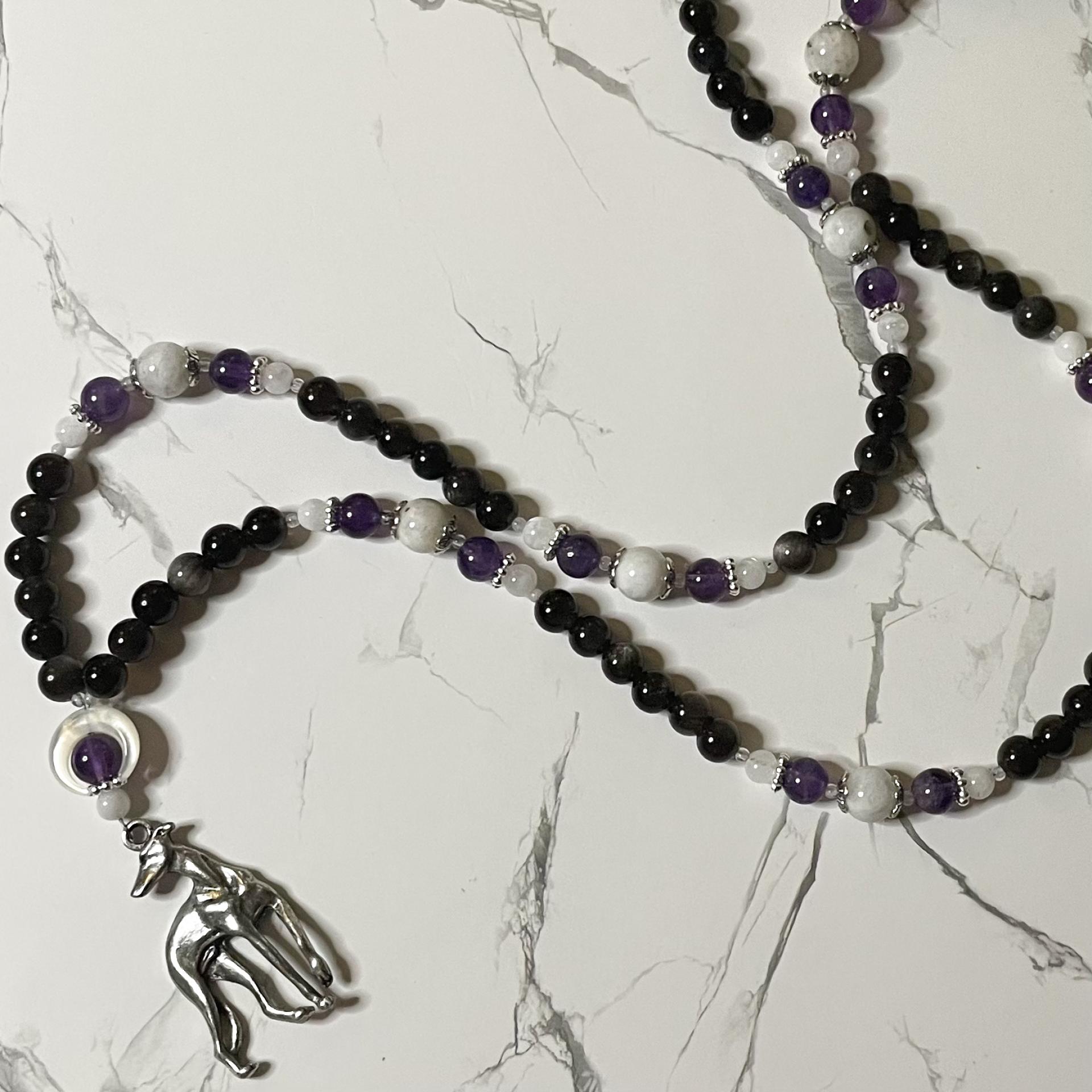 Obsidian and Moonstone Cerridwen Prayer Beads