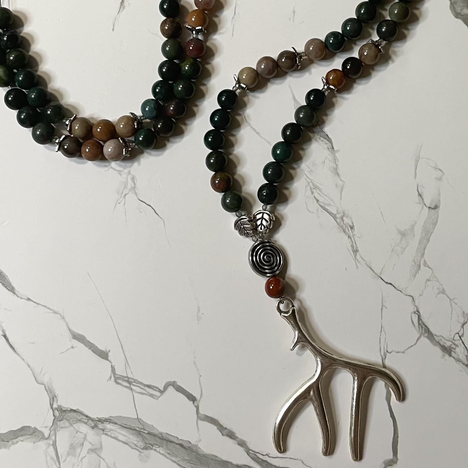 Bloodstone and Petrified Wood Cernunnos Prayer Beads