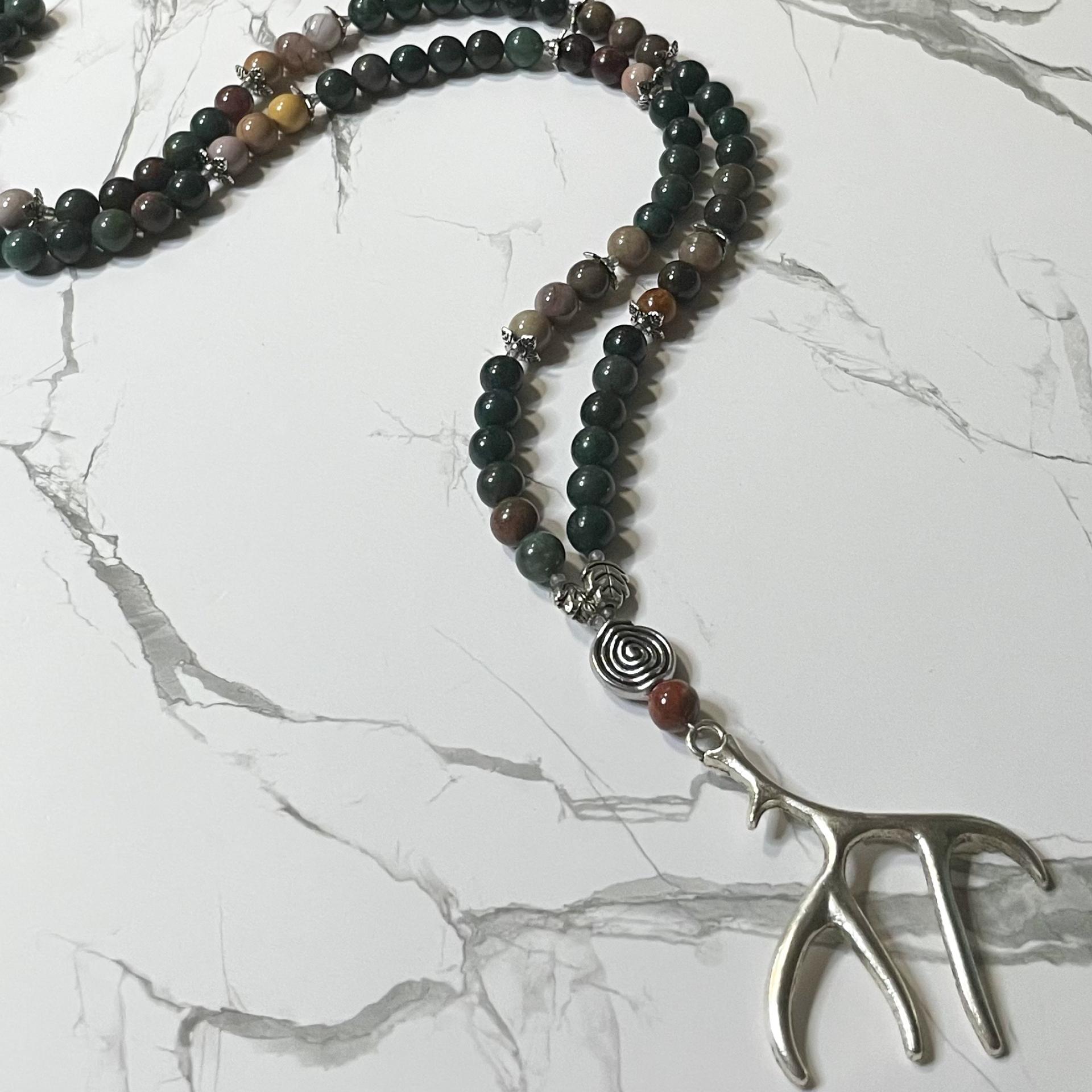 Bloodstone and Petrified Wood Cernunnos Prayer Beads