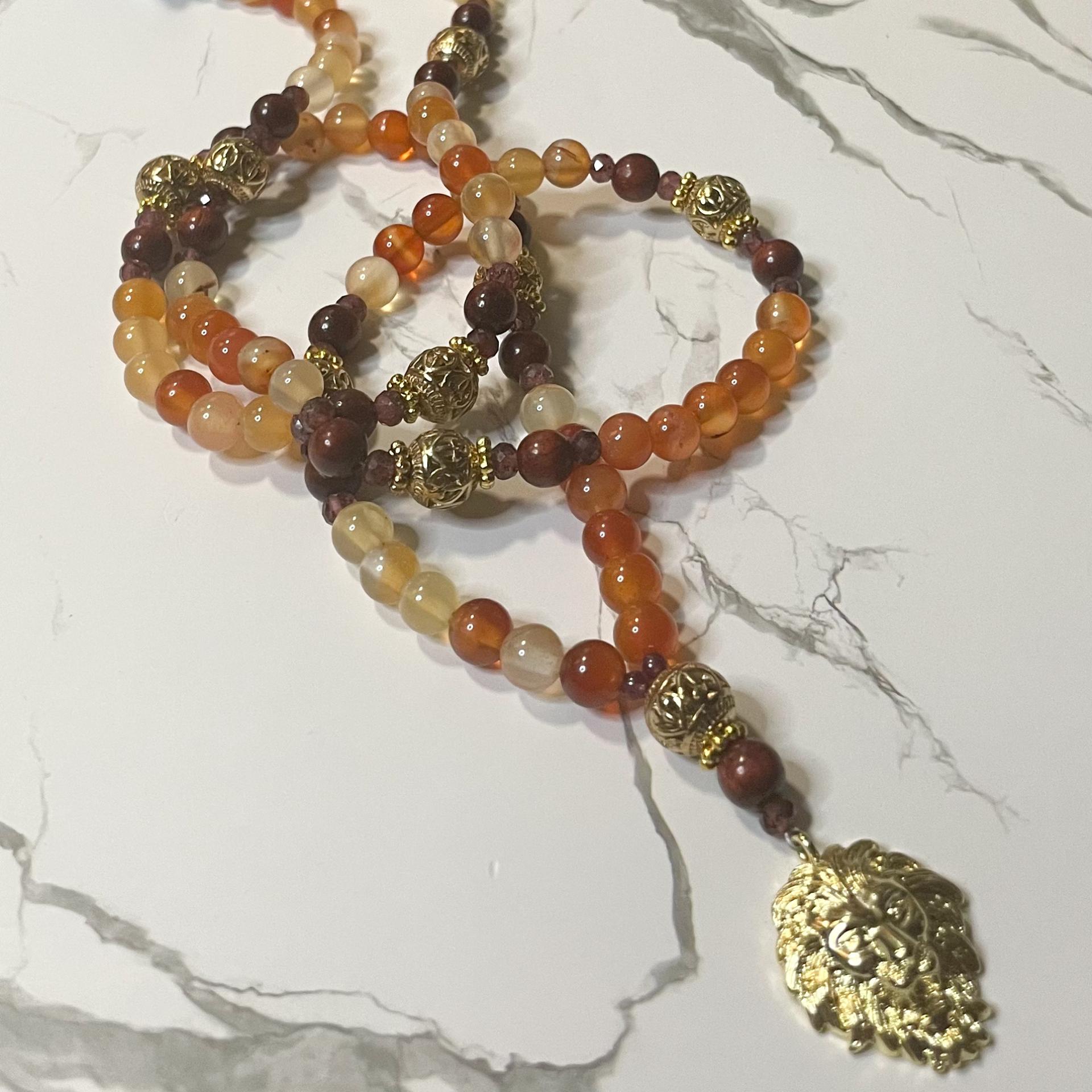Fire Agate and Sandalwood Sekhmet Prayer Beads