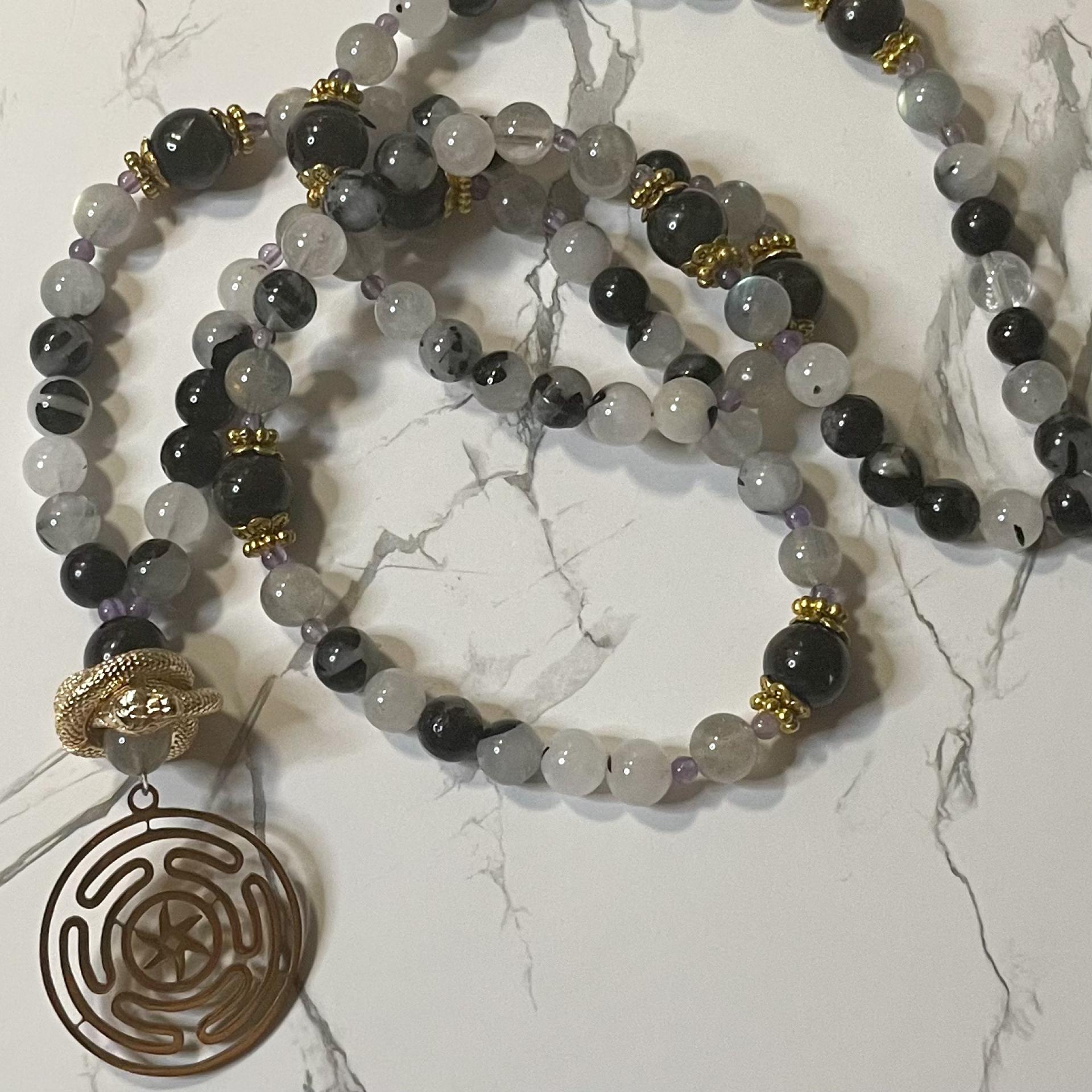 Rutilated Quartz and Arfvedsonite Hecate Prayer Beads